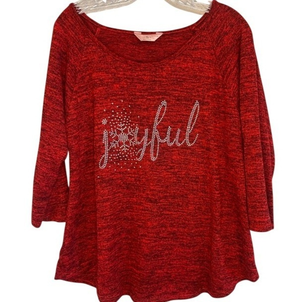 SJS‎ Red Joyful Rhinestone Lightweight 3/4 Sleeve Christmas Sweater XL Petite